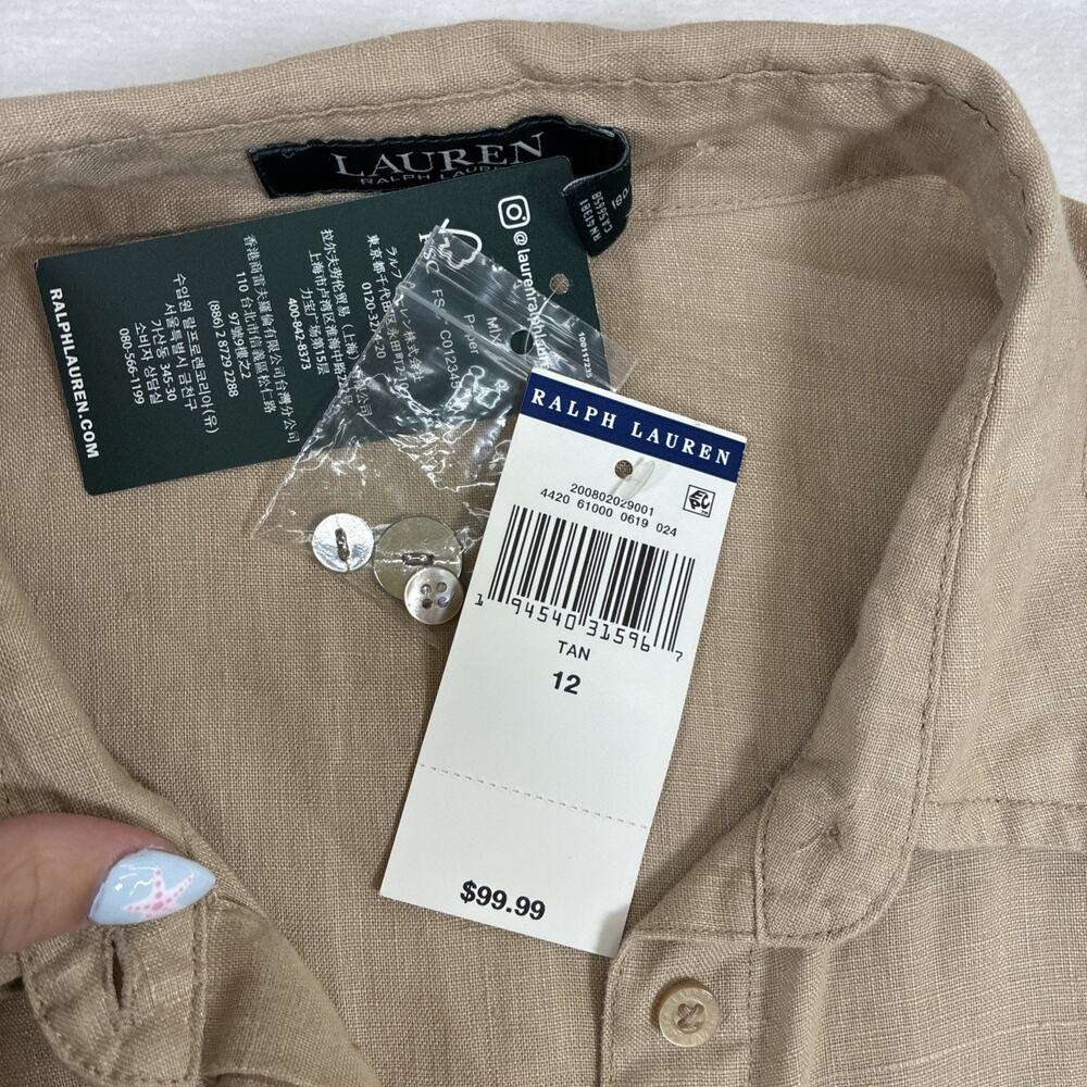 NWT Lauren Ralph Lauren Tie Front Linen Shirt Dress Sz 12 Lauren Khaki Charity - Picture 10 of 14